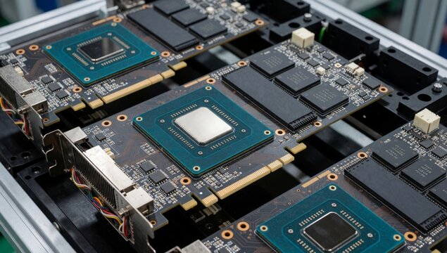 Close-up computer motherboard multiple ram modules attached arranged grid-like pattern each module having uniq