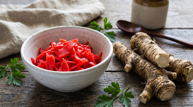 Red pickled ginger in a ceramic bowl with roots on a wooden table