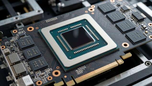 Close-up computer motherboard cpu chip center rectangular shape has green gold color scheme surrounded various