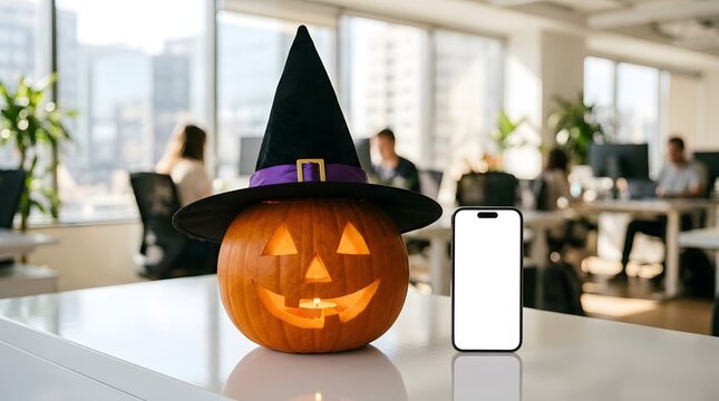A carved jack o lantern wearing a witch hat next to a blank smartphone screen in a modern office