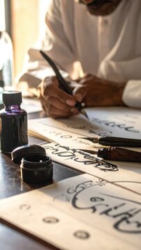 Calligrapher writing traditional arabic script with metal nib pen, inkwell, artistic manuscript, heritage craft