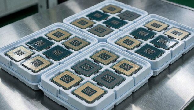 Set rectangular plastic trays arranged grid-like pattern metal surface each tray has small square-shaped chip