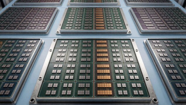 Collection multiple rows electronic components arranged grid-like pattern blue surface appear made metal have