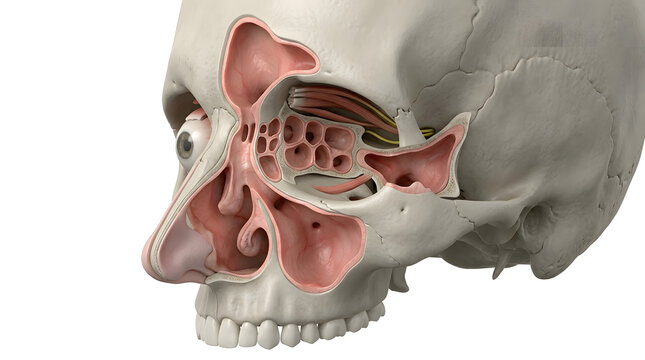 Human skull with detailed anatomical jaw and muscle illustration
