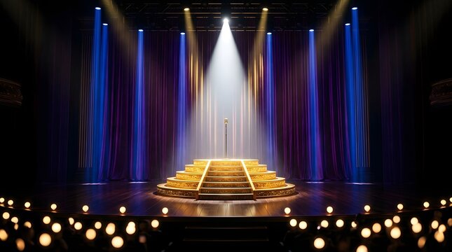Empty stage with bright spotlight and blurred audience in a darkened theater