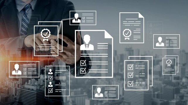 Professional Businessman Managing Digital Resume and Document Icons in Modern Urban Landscape with Abstract Technology Concept. Entropy.
