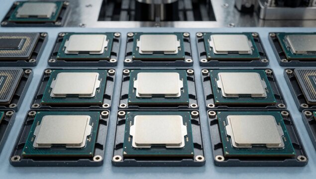 Close-up group computer processors arranged grid-like pattern blue surface different sizes shapes rectangular