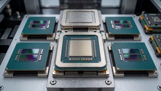 Group electronic components arranged row metal surface there processors total each unique design color scheme