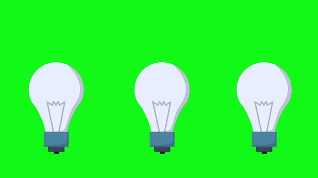 looping animated video of lights on a green screen, three lamp animations with different effects, the first one lights up, the second one lights up with movement, the third one blinks