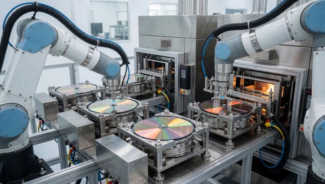 Large industrial machine robotic arms either side blue white color have pipes attached appears made metal has