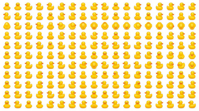 A vibrant grid pattern features numerous bright yellow rubber ducks with reflections on a.
