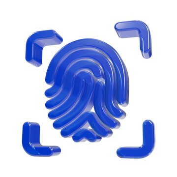 Glossy blue 3 d fingerprint with corner brackets for biometric security and mobile banking authentication systems isolated on a transparent background