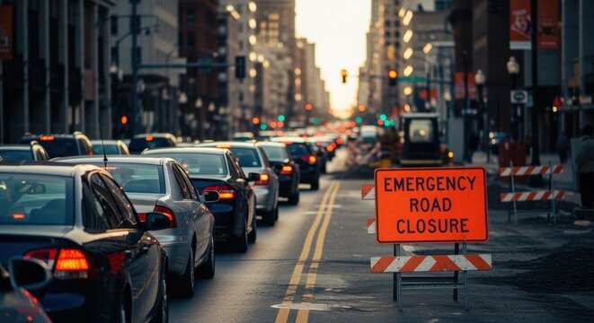 Emergency road closure with traffic backup in downtown street under construction.