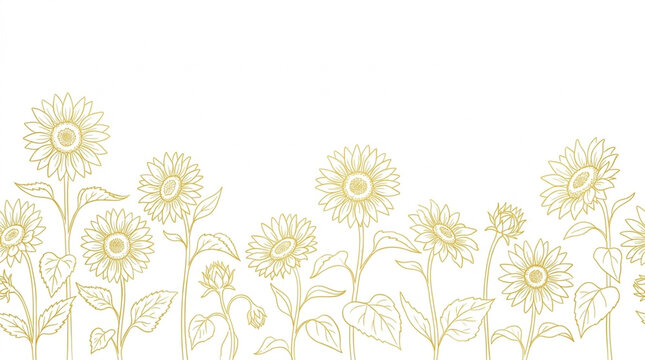 Golden line art sunflower field floral border, isolated on white with transparent background PNG