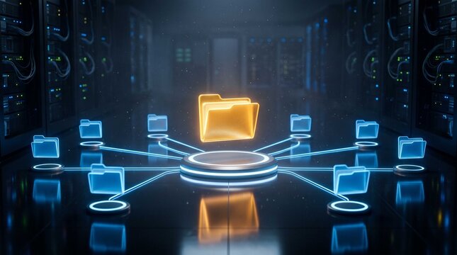 Glowing central golden folder connects with digital blue folder holograms, symbolizing centralized data management and cloud storage networking