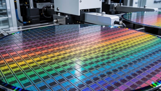 Close-up large circular table colorful grid-like pattern grid made multiple rows columns different colors incl