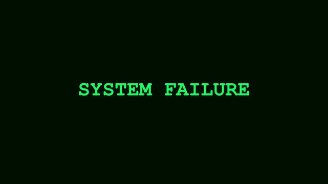 System failure text alert on green digital computer screen display for technology error and cyber security warning concept animation 4k