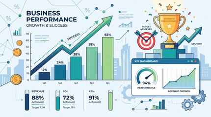 Fototapeta premium A colorful business performance dashboard displays bar charts, growth arrows, and metrics.