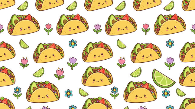 Cute Kawaii Tacos and Flowers Pattern