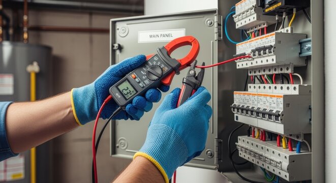 Electrical system inspection using clamp meter on residential circuit breaker.