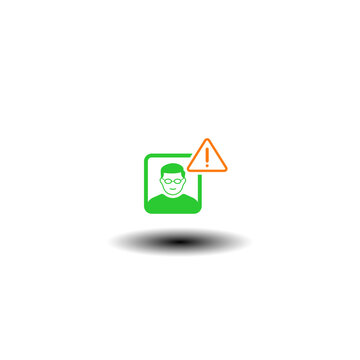 Vector illustration of user with attention sign. Symbol of fake account.