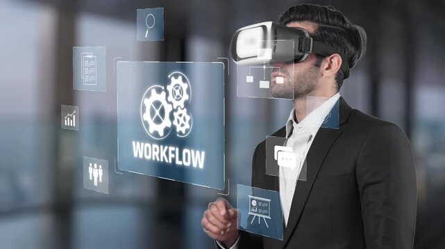 A professional man engages with a virtual reality headset in a modern office setting, visualizing workflow enhancements and improving business productivity. Raster