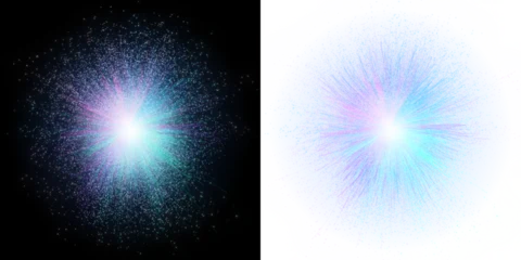Isolated glowing central cyan and purple glowing neural particle starburst element with transparent background © Quardia Inc.