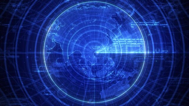 Blue digital world map video loop with rotating radar sweep and HUD global tracking display