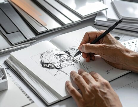 Architect drawing detailed structural sketch in notebook, workspace with material samples, professional planning, design process, engineering development