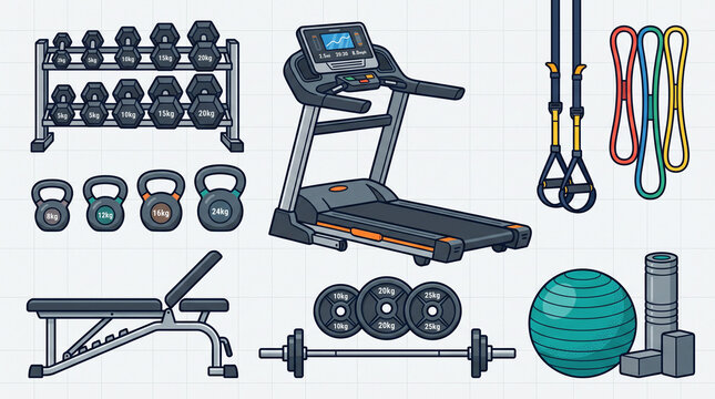 Flat vector illustration of home gym fitness equipment including a treadmill and weights.