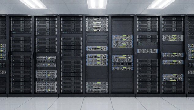Large row black servers data center arranged neat orderly manner rows facing same direction each server has mu