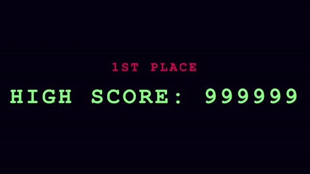 1st place score 99999 retro arcade game screen display animation 4k gaming