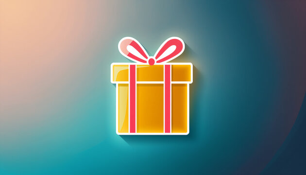 bright yellow gift box with a red ribbon and tied bow featuring a glowing white outline against a smooth teal and orange gradient surface with a soft drop shadow.