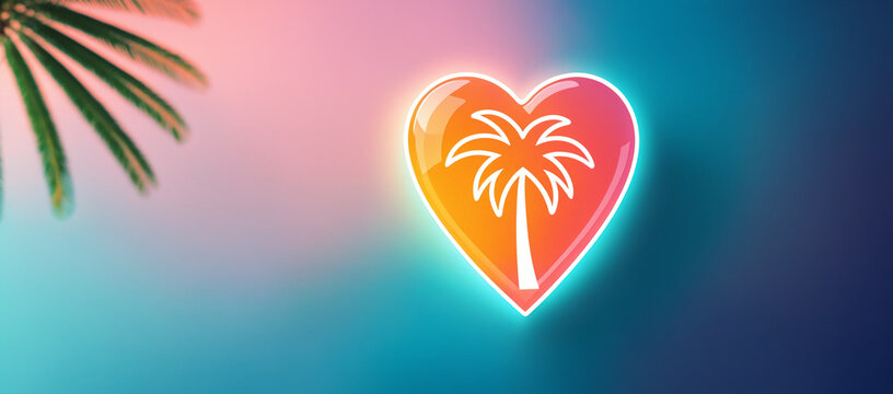 glossy heart shape with an orange and pink gradient containing a white palm tree silhouette and a bright glowing cyan border next to a soft blurred frond.