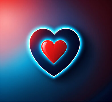 glossy red three dimensional heart centered inside a larger dark flat shape featuring a bright cyan neon glowing outline against a pink and blue gradient space.