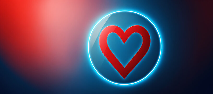 glossy red hollow heart shape surrounded by a bright cyan neon glowing circular border against a smooth dark blue gradient space with a soft light reflection.