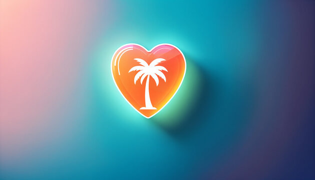 glossy orange and pink gradient heart shape containing a white palm tree silhouette featuring a bright white border and a strong cyan outer glow against a purple backdrop.