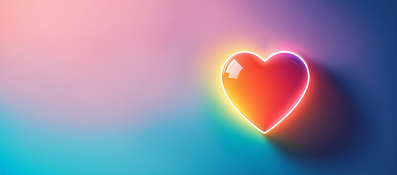 glossy three dimensional heart shape with a colorful red and yellow gradient and a thin glowing white outline casting a dark shadow to the right against a smooth blue space.