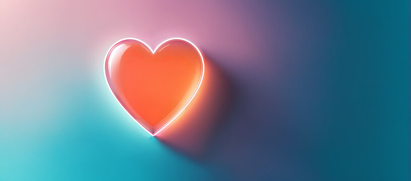glowing glossy orange and red three dimensional heart shape with a bright neon outline casting a shadow to the right on a smooth pink and dark blue gradient backdrop with empty space