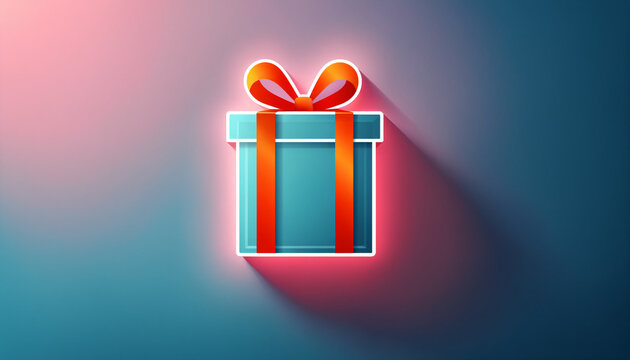 brightly lit square teal gift box tied with an orange ribbon and festive bow casting a colorful pinkish shadow against a dark teal and purple gradient backdrop