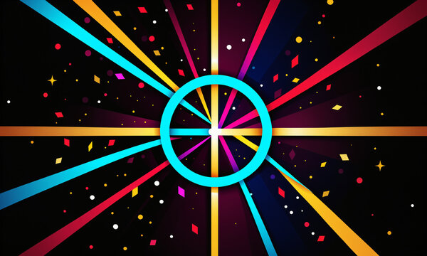 bright glowing cyan circular ring centered on a dark backdrop with colorful luminous rays bursting outward surrounded by floating geometric confetti and small stars