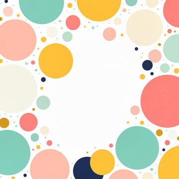 colorful flat geometric circles and small dots of various sizes arranged around a blank central circular space as a vibrant border