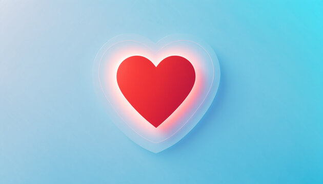 bright glowing red heart shape enclosed within a transparent glass heart outline placed on a smooth light blue gradient with soft lighting