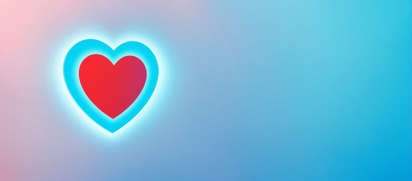 solid red heart shape surrounded by a bright cyan glowing outline on the left side of a soft pink and blue gradient with clear empty copy space