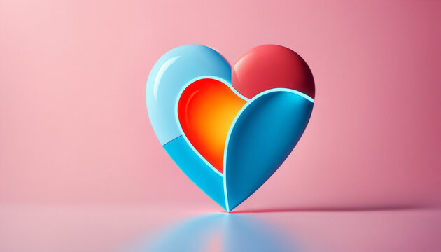 three dimensional heart shape constructed from colorful interlocking rounded puzzle pieces placed on a smooth pastel pink surface with soft shadows