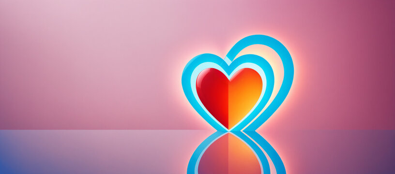 bright glossy red and orange gradient heart enclosed in two nested blue arches placed on a highly reflective smooth surface with clear reflections