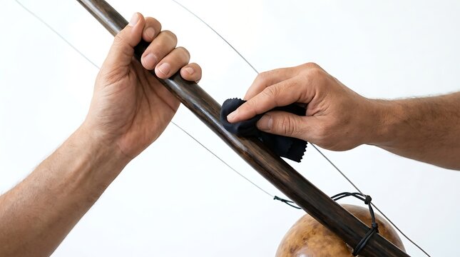 A person is carefully cleaning a stringed instrument with a soft cloth.