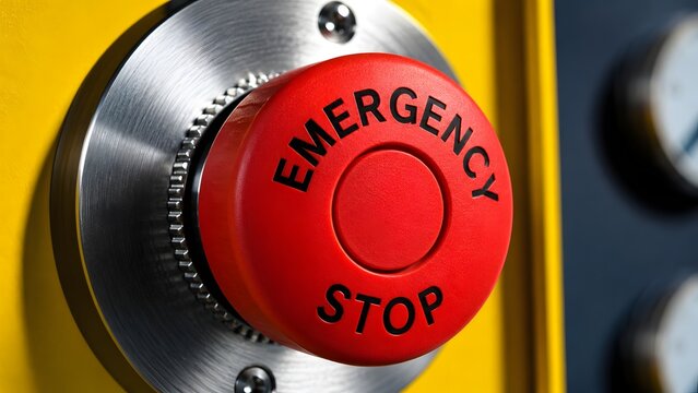 Red emergency stop button on an industrial control panel machinery