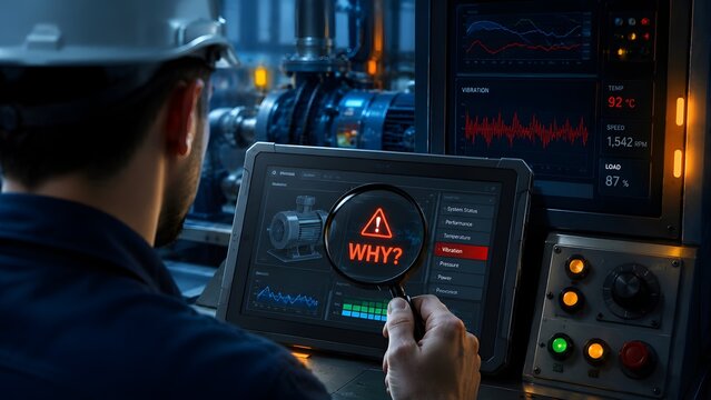Industrial worker looking at a tablet displaying a red warning sign and why text near factory machinery