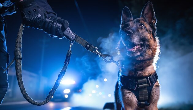 German Shepherd police dog in tactical harness with handler holding leash during night operation with blue lights and smoke